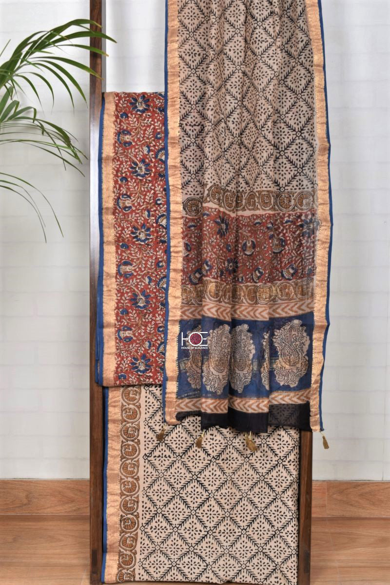 Maroon Blue Blossom / Sico | Maheshwari Bagru | 3 Pcs Suit - Handcrafted Home decor and Lifestyle Products