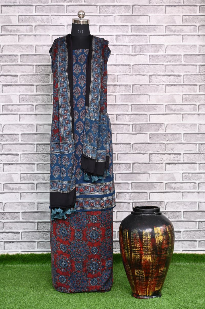 Indigo Red Unstitched Modal Silk Ajrakh Print Suit
