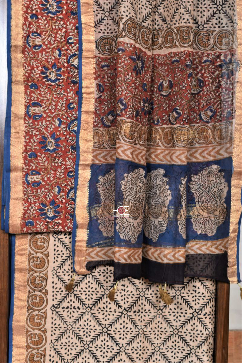 Maroon Blue Blossom / Sico | Maheshwari Bagru | 3 Pcs Suit - Handcrafted Home decor and Lifestyle Products