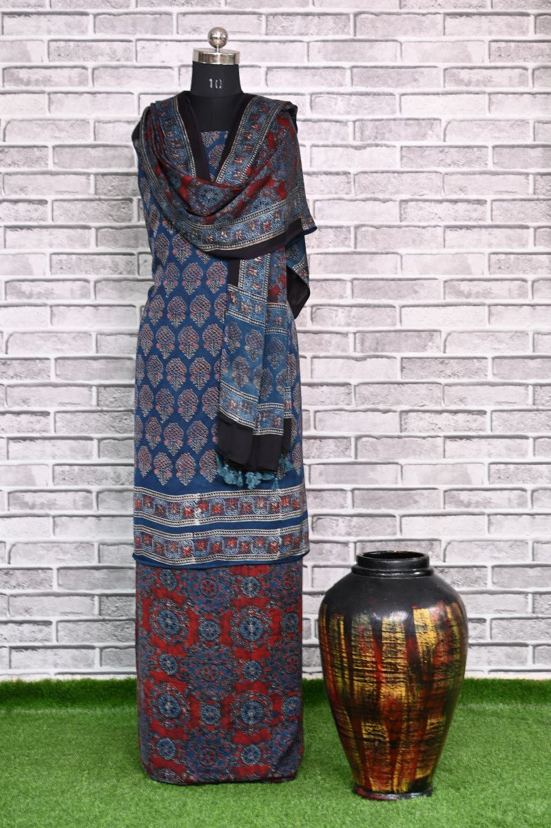 Indigo Red Unstitched Modal Silk Ajrakh Print Suit