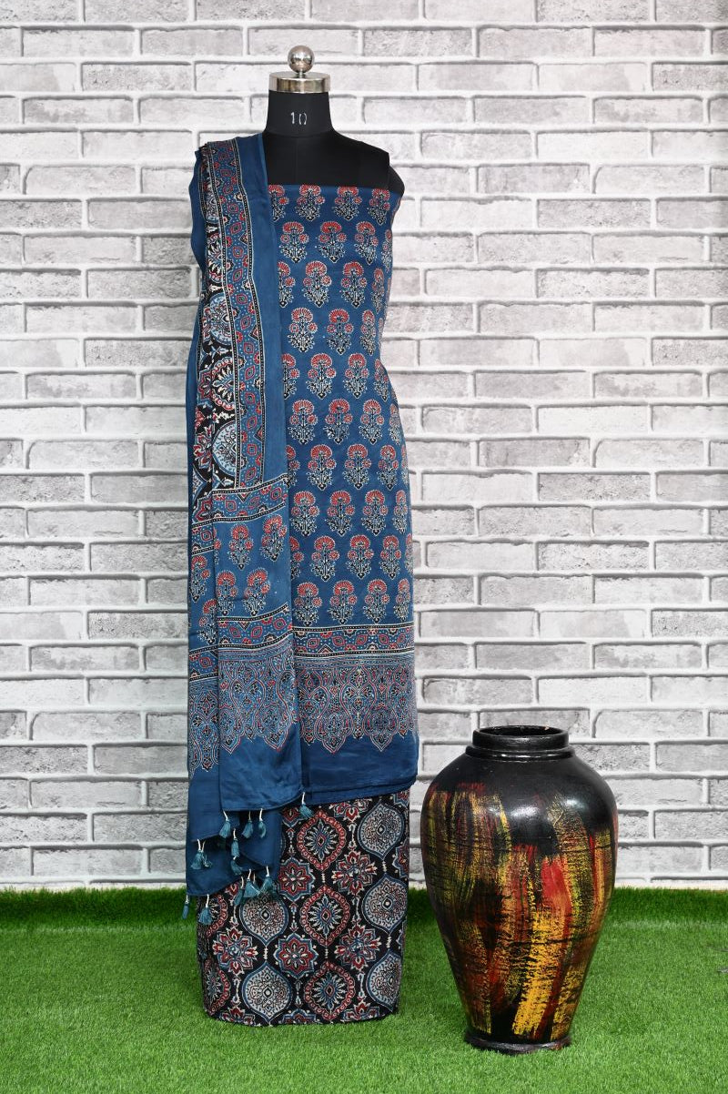 Indigo Floral Unstitched Modal Silk Ajrakh Print Suit
