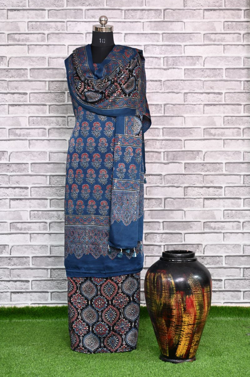 Indigo Floral Unstitched Modal Silk Ajrakh Print Suit