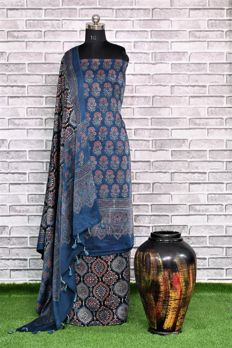 Indigo Floral Unstitched Modal Silk Ajrakh Print Suit