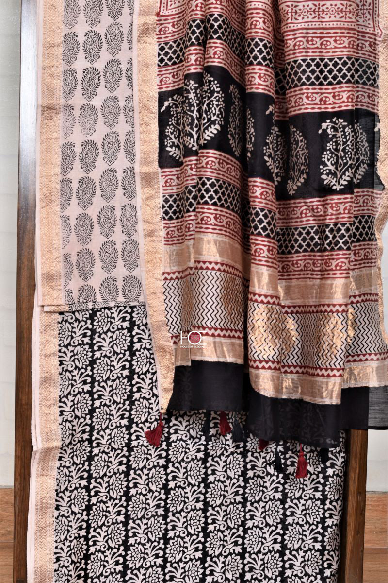 Black Paisley on White / SiCo | Maheshwari Bagh | 3 Pcs Suit - Handcrafted Home decor and Lifestyle Products