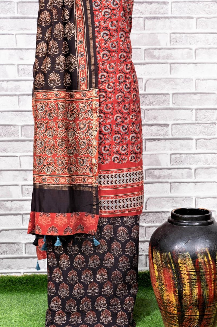 Red Black Taaj Unstitched Cotton Chanderi Ajrakh Print Suit
