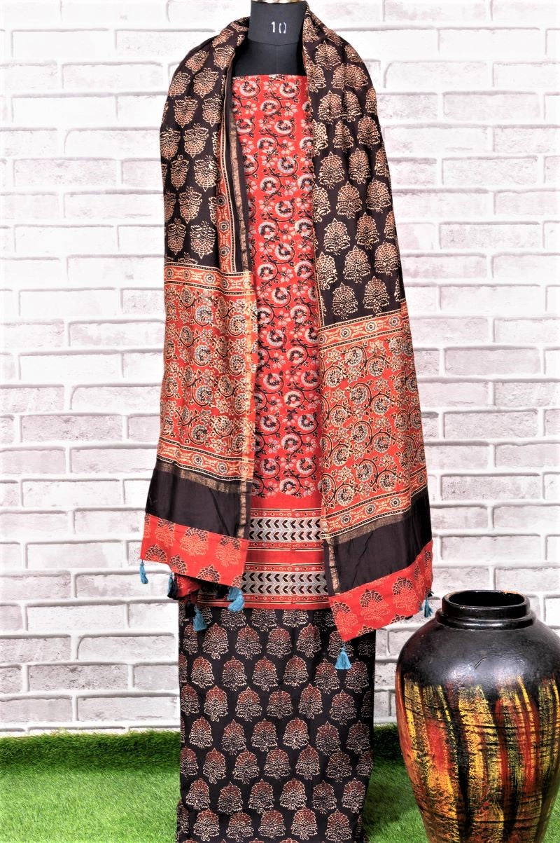 Red Black Taaj Unstitched Cotton Chanderi Ajrakh Print Suit