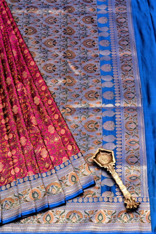 Dark Orchid / Jamawar Tanchoi Silk | Banarasi Saree - Handcrafted Home decor and Lifestyle ProductsMagenta Blue Tanchoi Jamawar Silk Saree By House Of Elegance