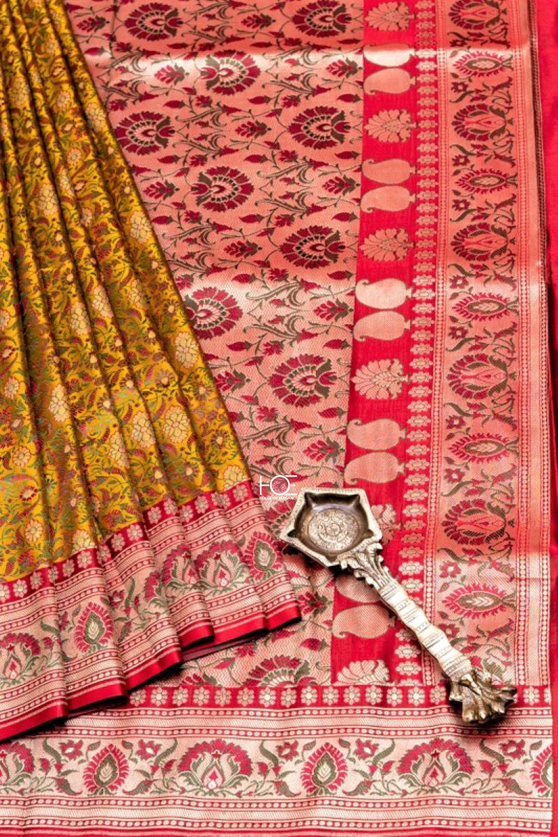 Mustard Red Pure Jamawar Tanchoi Silk Saree: House Of Elegance