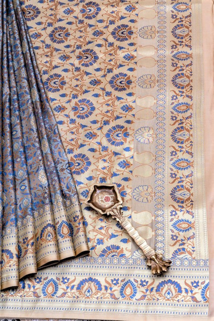 Grey Gold Pure Jamawar Tanchoi Silk Saree: House Of Elegance