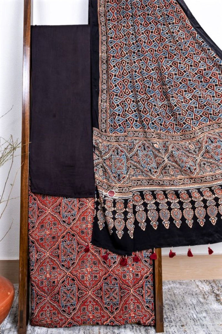 Shop online Unstitched 3 piece Black Ajrakh Hand Block Printed Modal Silk Suit Coordinated Dupatta | Natural Dyed Ajrakh Modal Silk Dress Material 