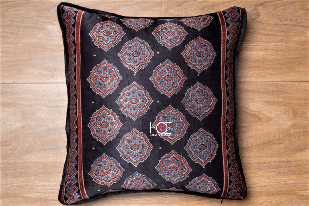 Black Madhagalo Aztec / Mushroo Silk | Ajrakh | 16X16 - Handcrafted Home decor and Lifestyle Products