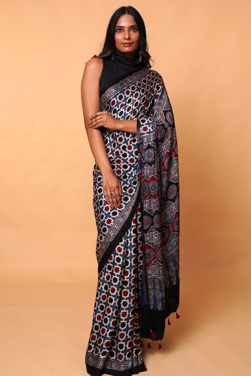 Buy Indigo Stria Ajrakh Modal Silk Saree - House Of Elegance – House Of  Elegance - Style That Inspires