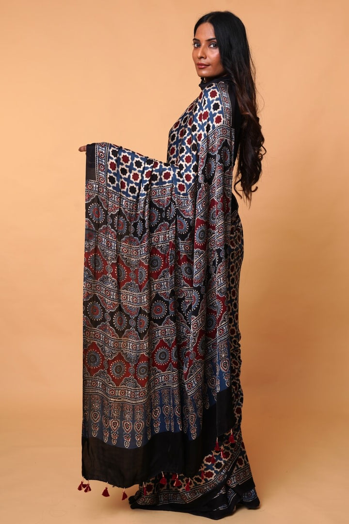 Indigo Ajrakh Modal Silk Saree
