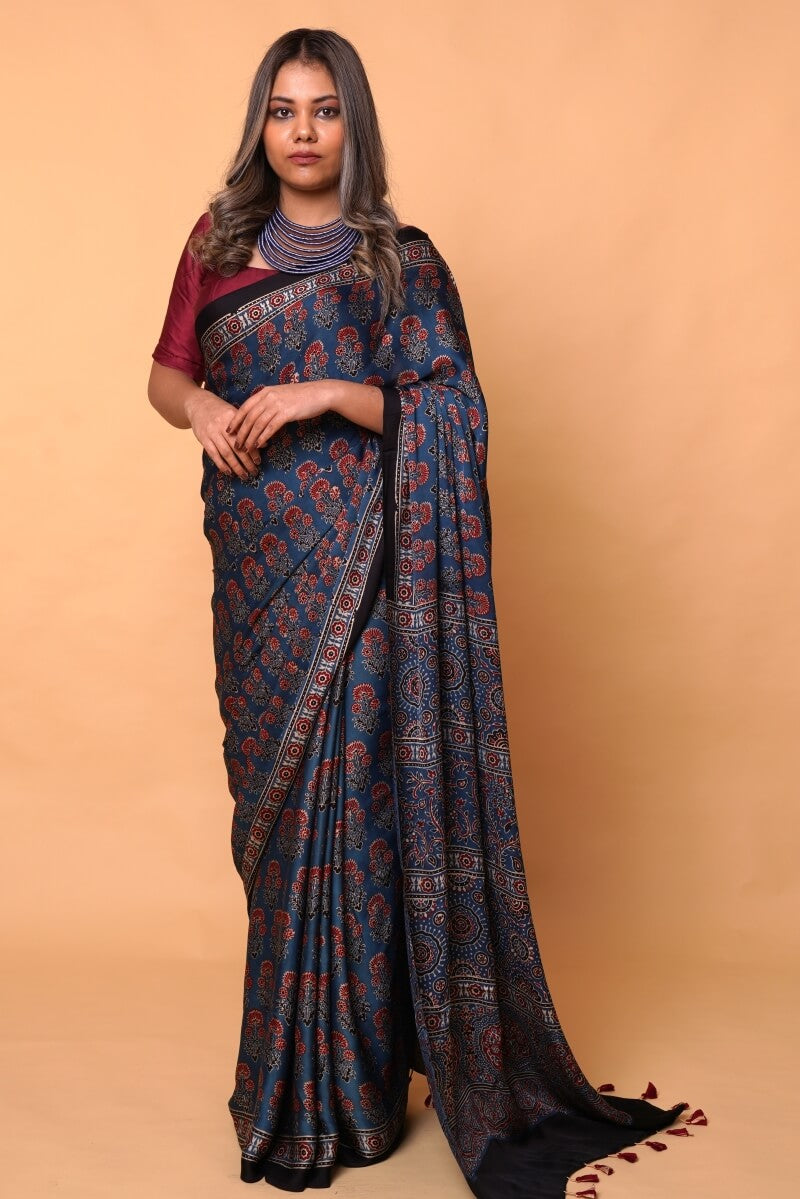 Blue Modal Silk Ajrakh Saree