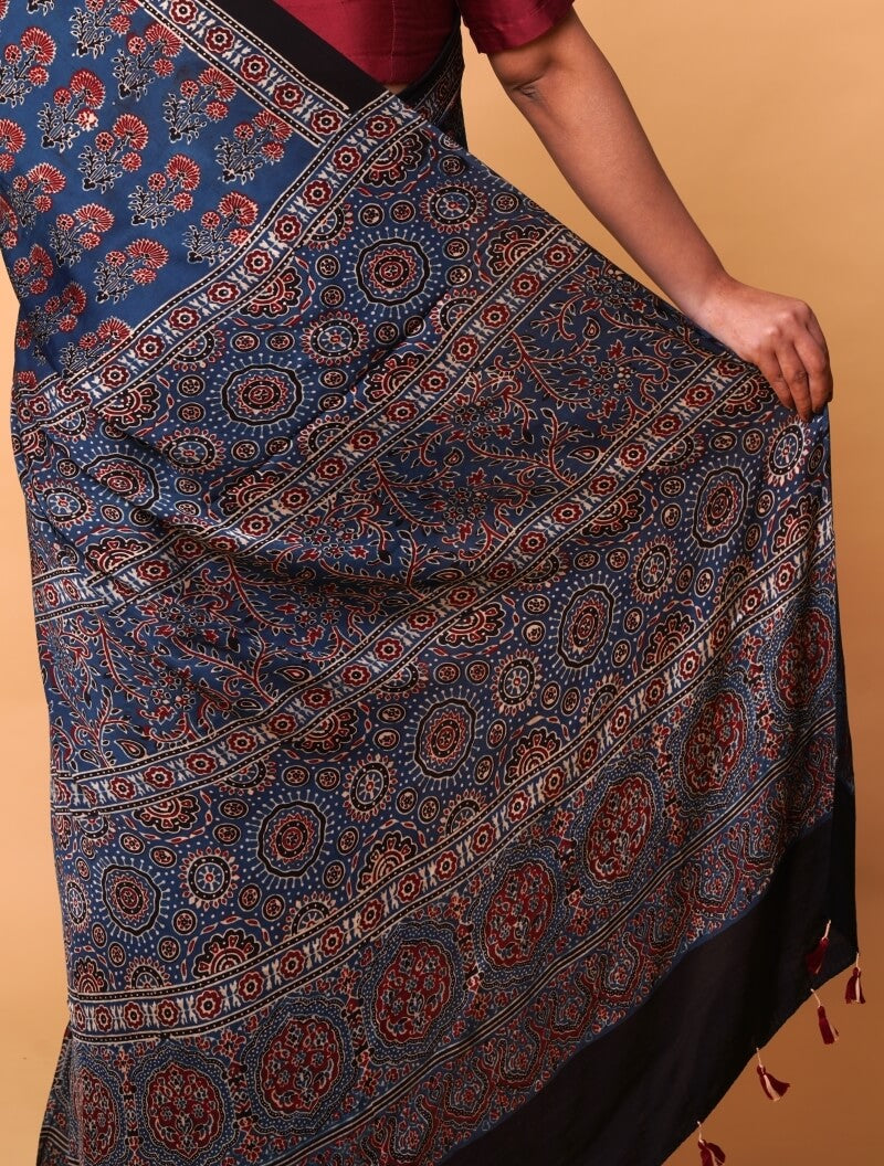 Blue Ajrakh Silk Saree