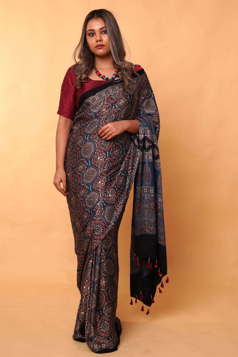 Indigo Modal Silk Ajrakh Saree