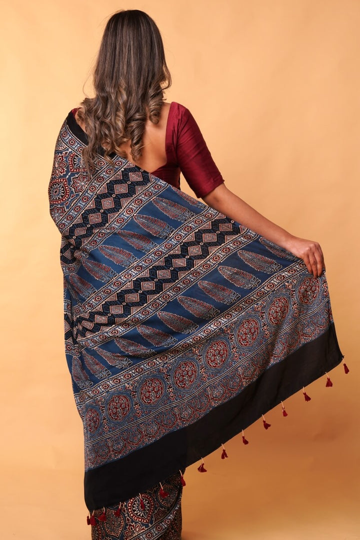 Indigo Modal Silk Ajrakh Saree from Kutch
