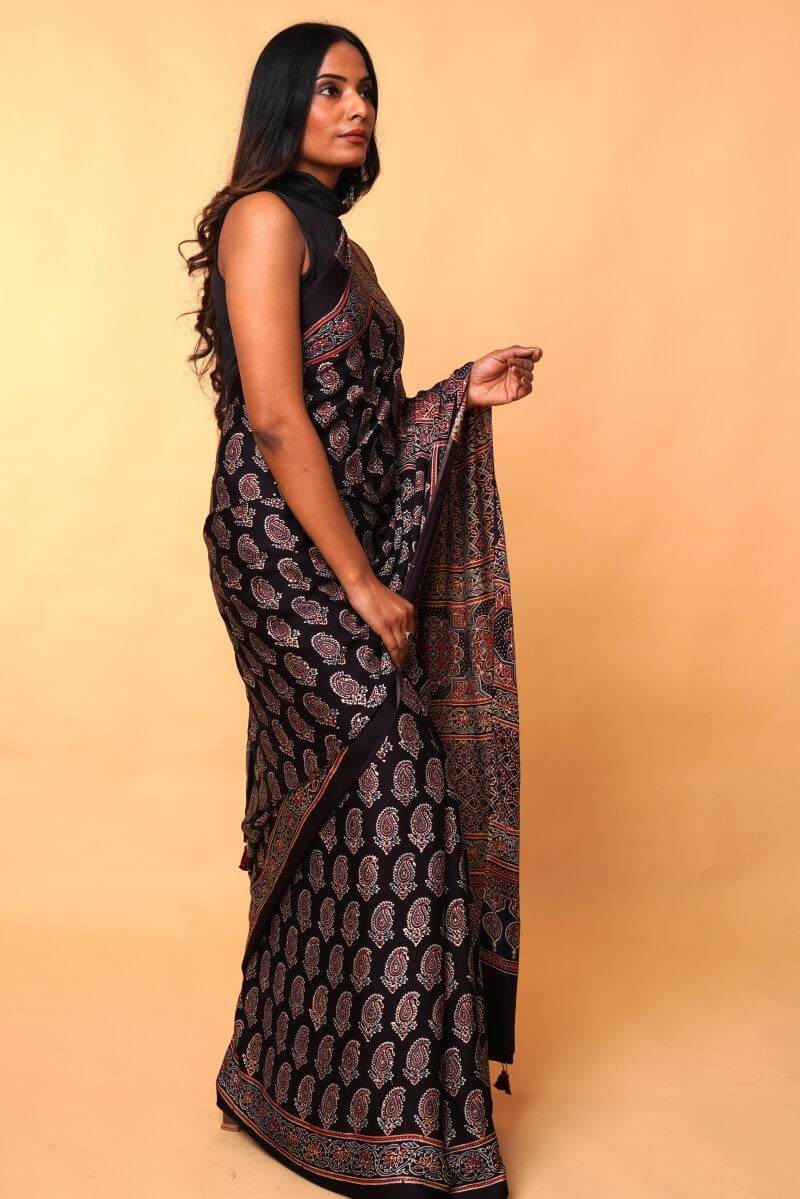 Black Ajrakh Silk Saree