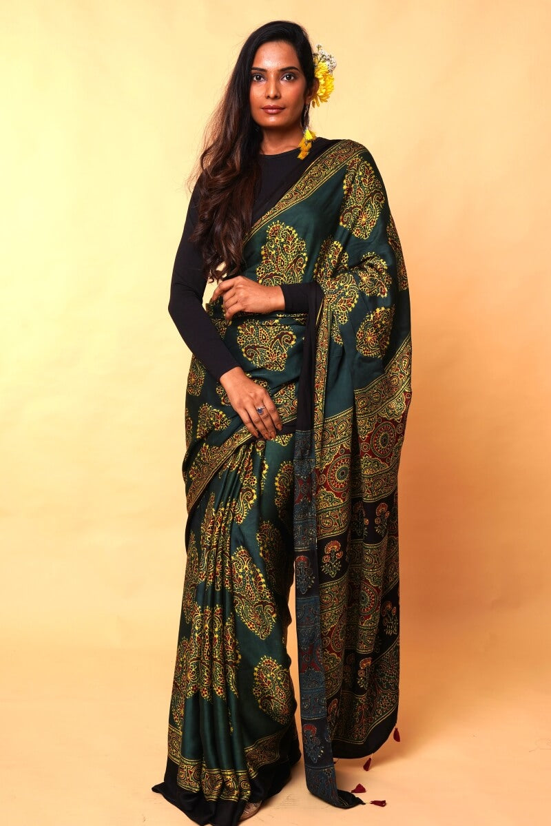 Green Modal Silk Ajrakh Saree