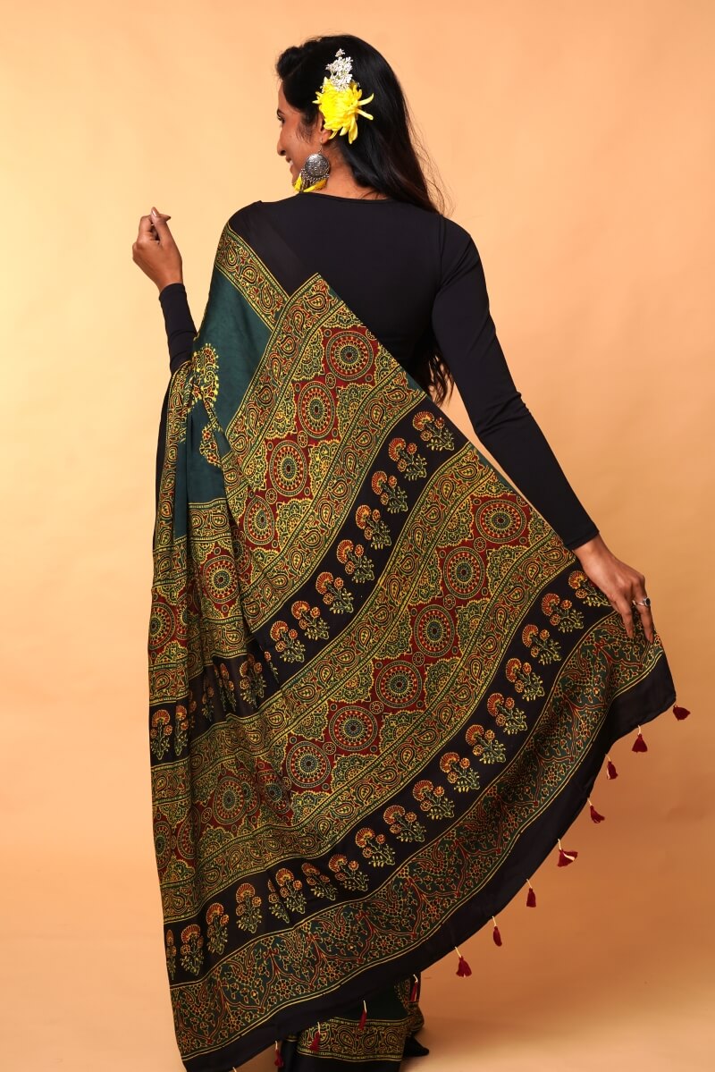 Green Ajrakh Modal Silk Saree