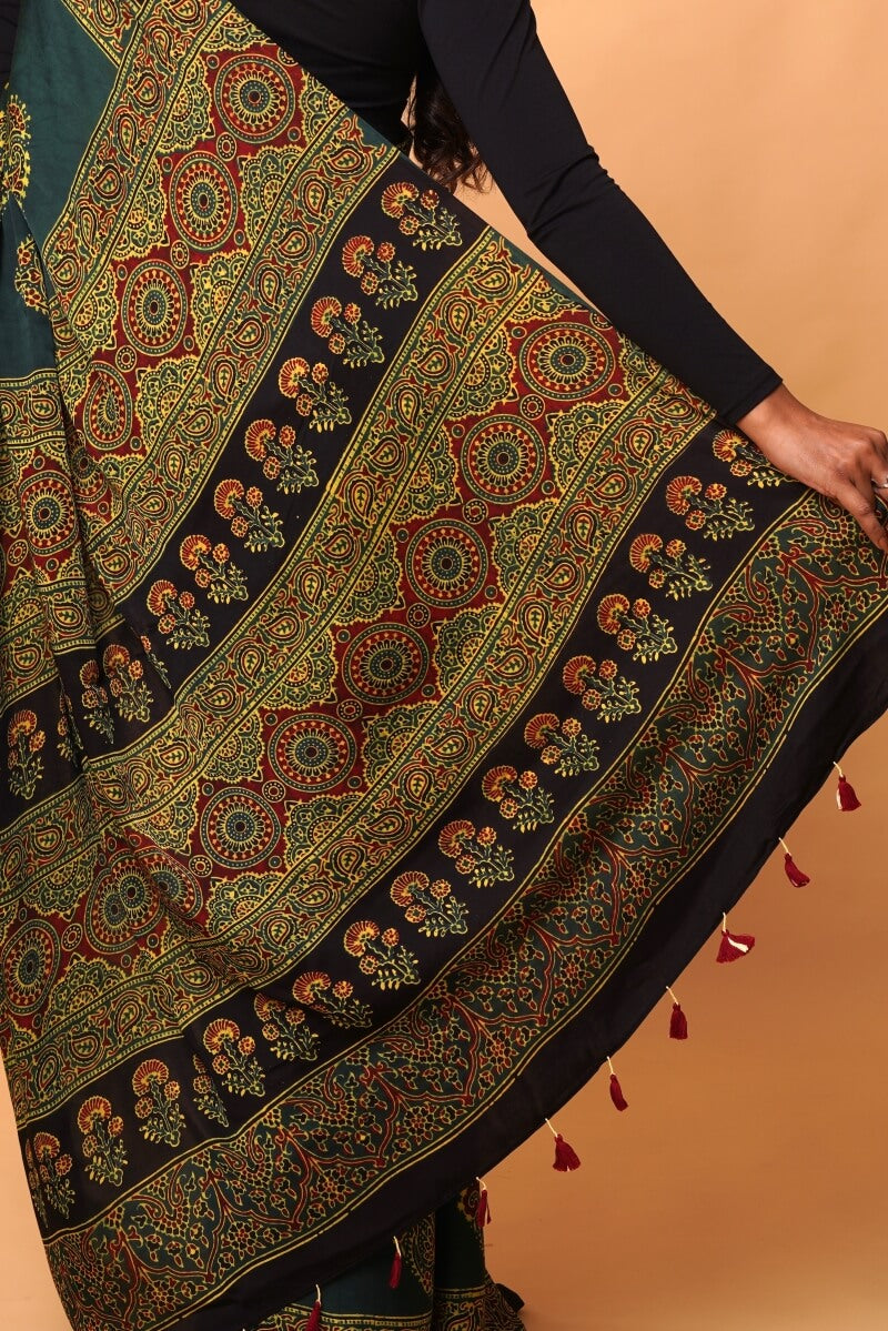 Green Black Ajrakh Modal Silk Saree