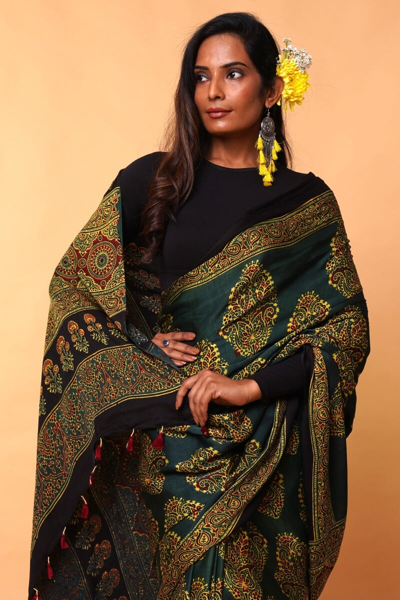 Green Ooid Floral Modal Silk Ajrakh Saree: House Of Elegance