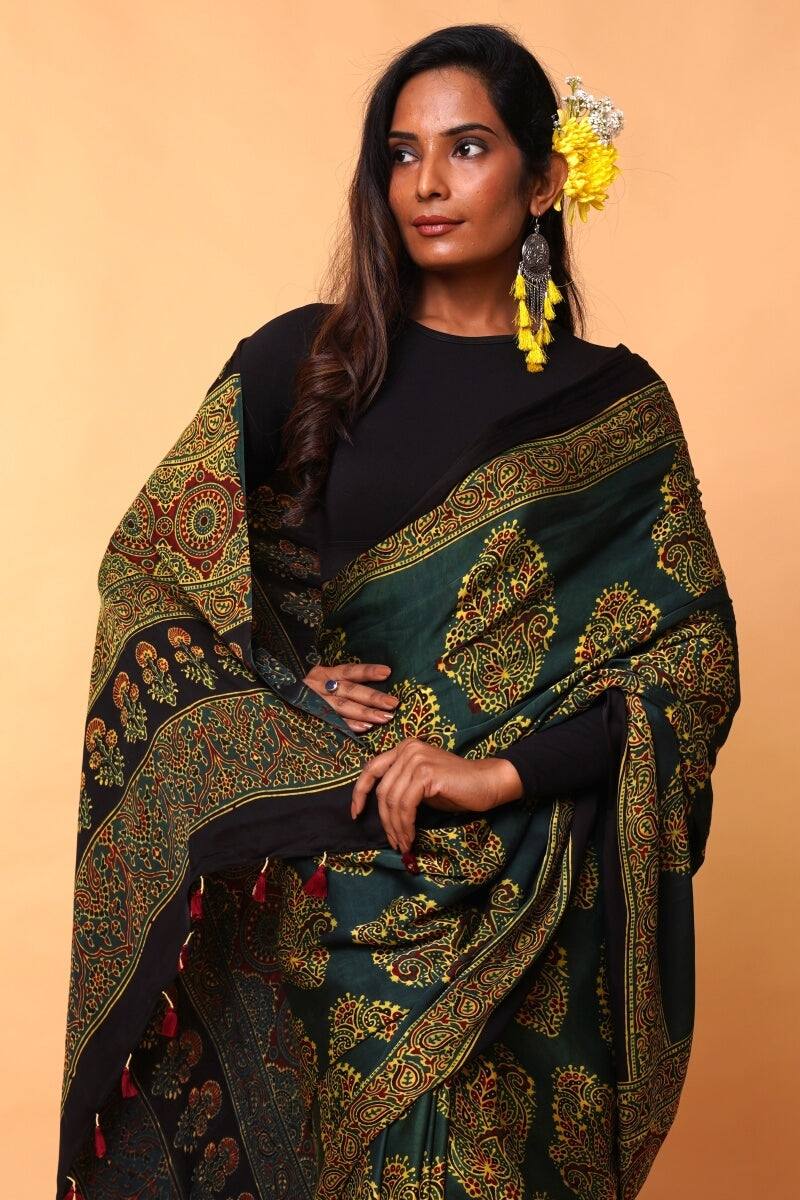 Green Yellow Ajrakh Modal Silk Saree