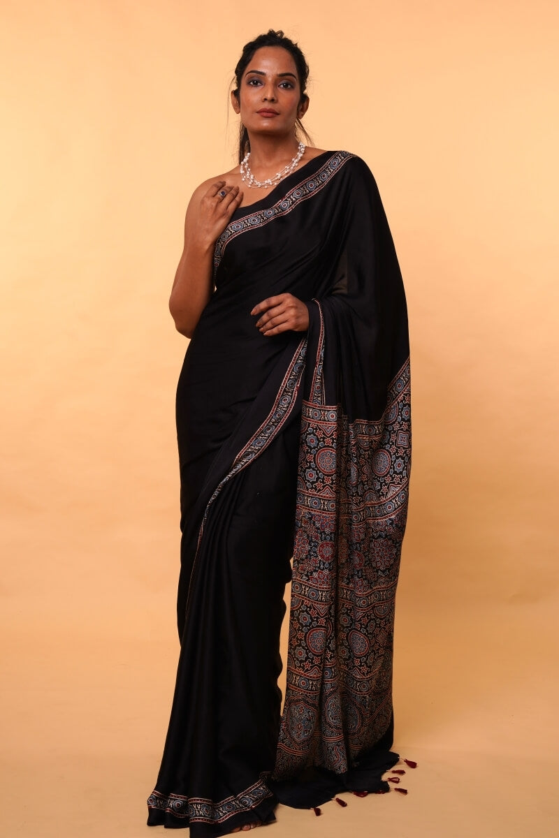 Black Ajrakh Modal Silk Saree