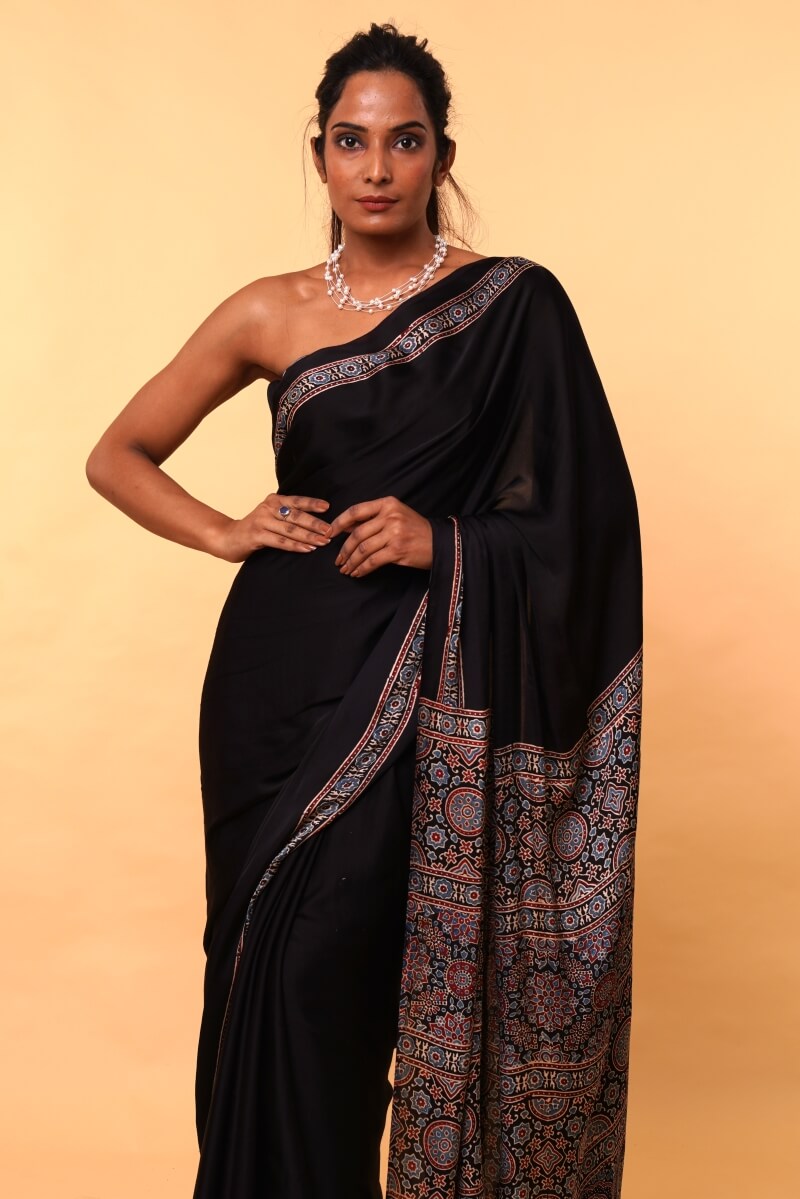 Black Ajrakh Modal Silk Saree