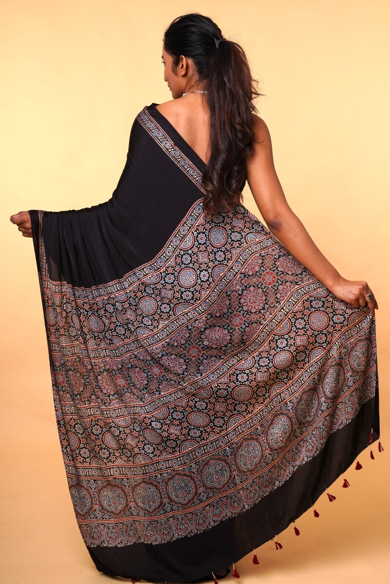 Ajrakh Silk Saree