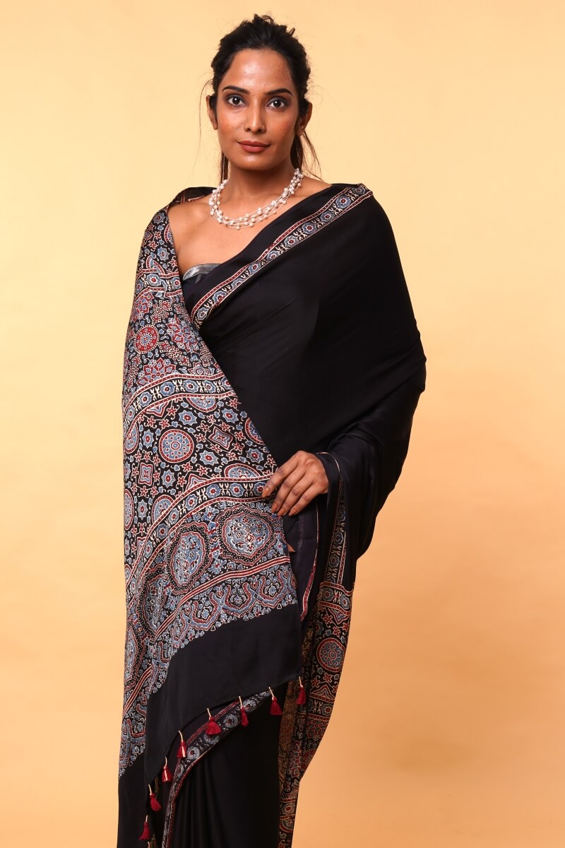 Black Modal Silk Ajrakh Saree