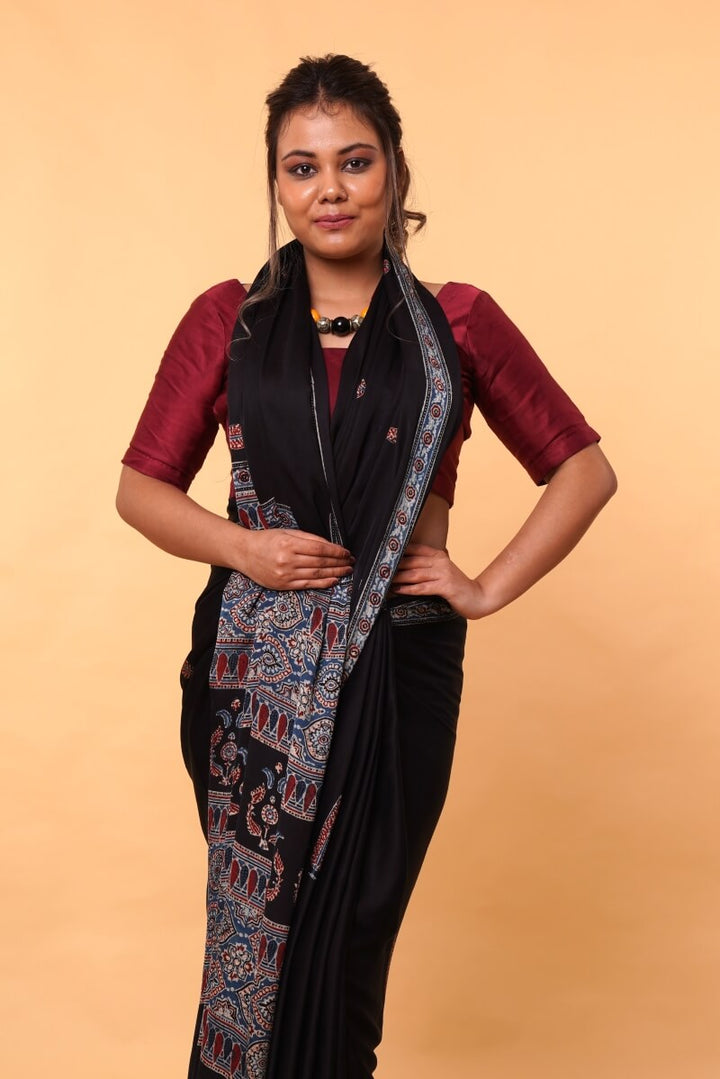 Black Ajrakh Modal Silk Saree