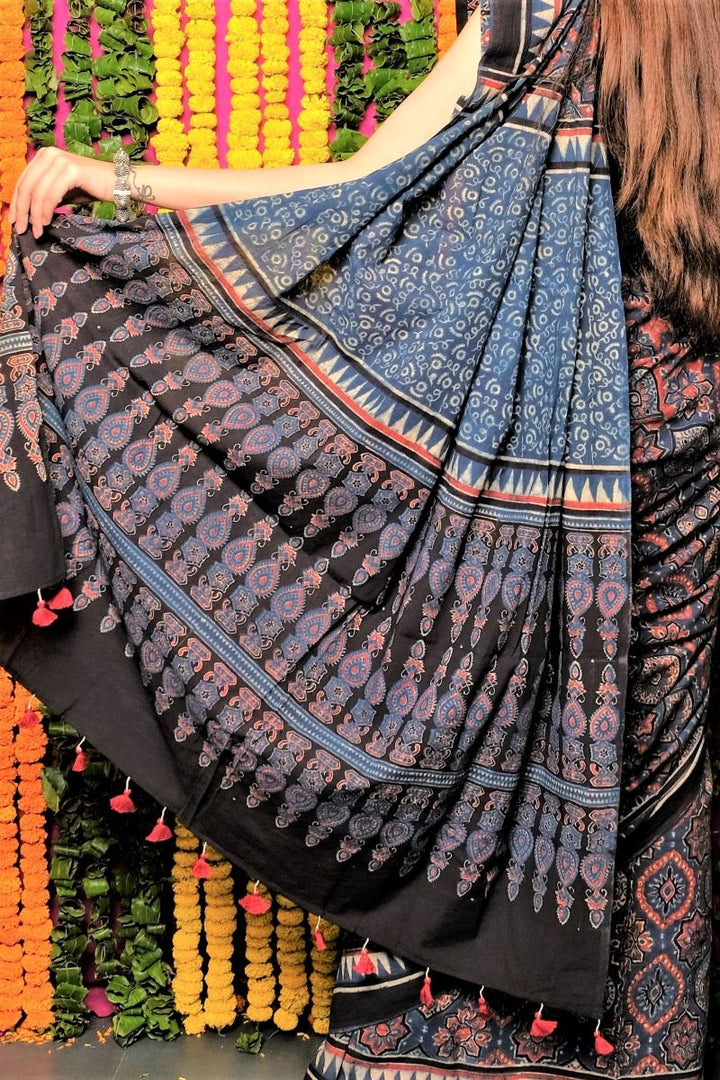 Blue-Ajrakh-print-saree-traditional-cotton-saree