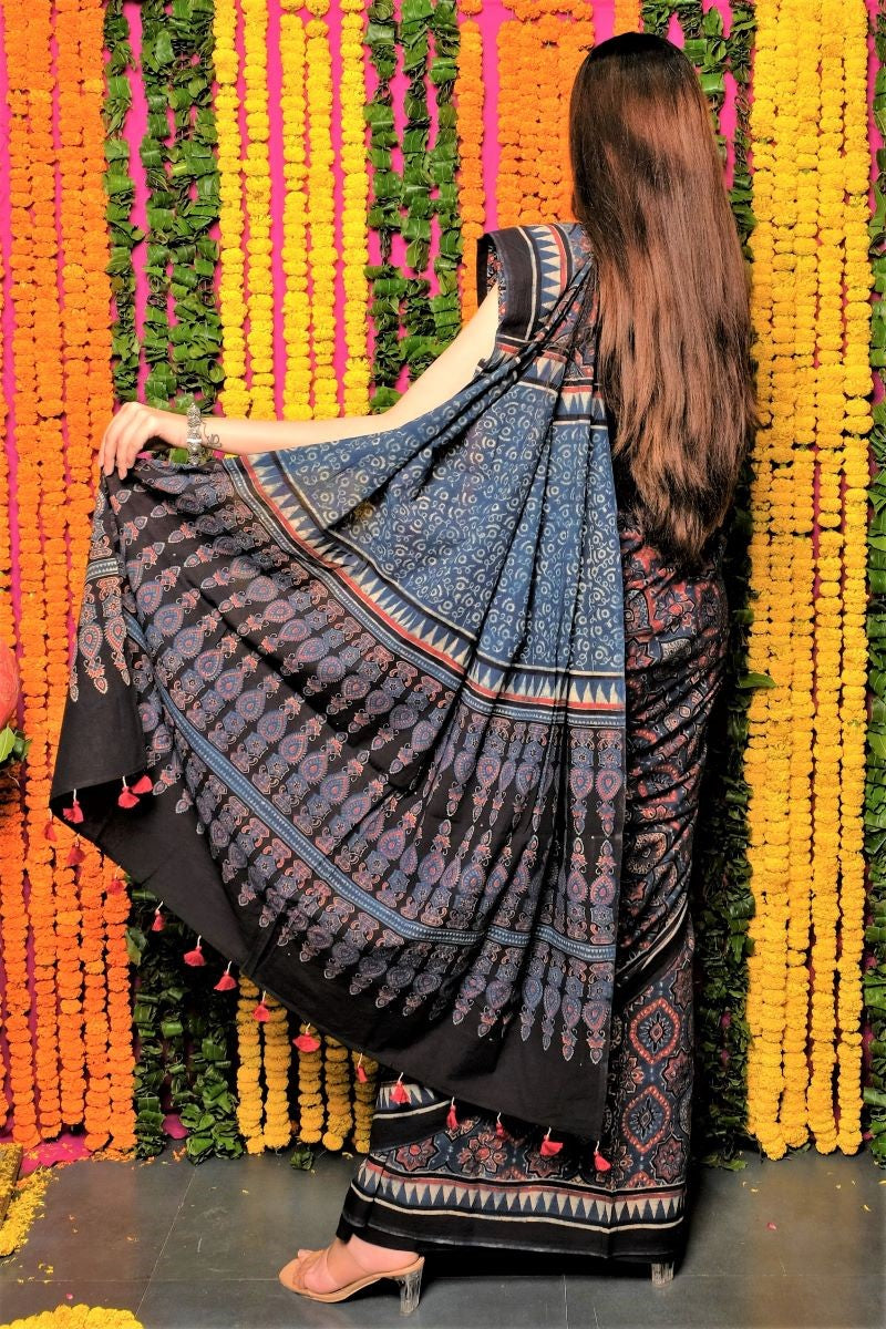 Indigo-ajrakh-cotton-saree