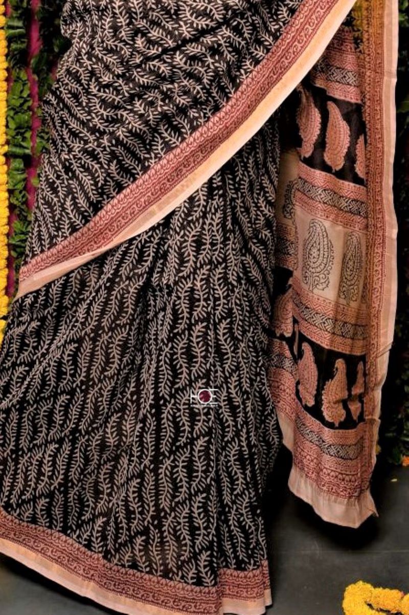 Black Chanderi Silk Bagh Print Saree by House Of Elegance