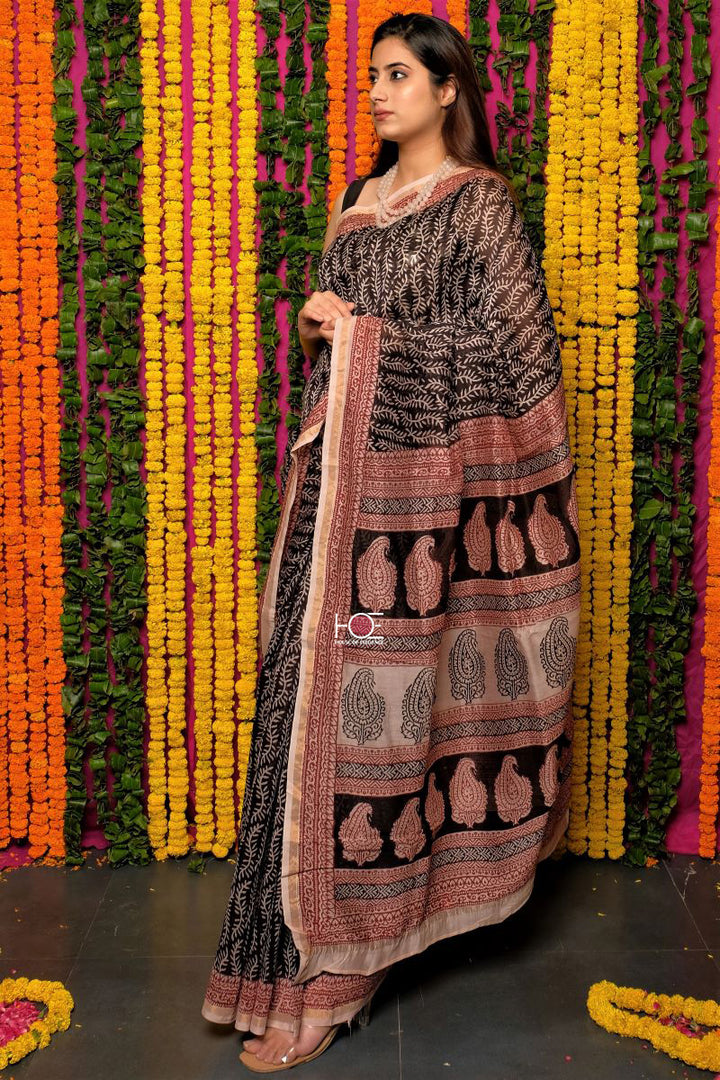 Black Chanderi Silk Bagh Print Saree by House Of Elegance