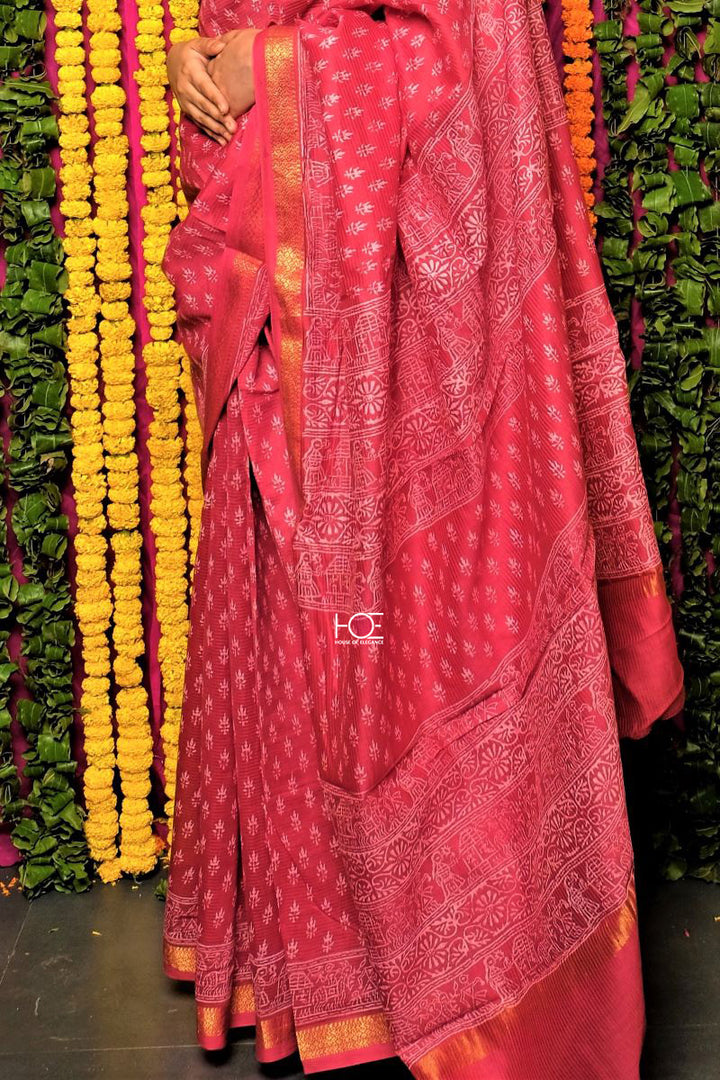 Rusty Red Dabu Print Maheshwari Silk Saree: House Of Elegance
