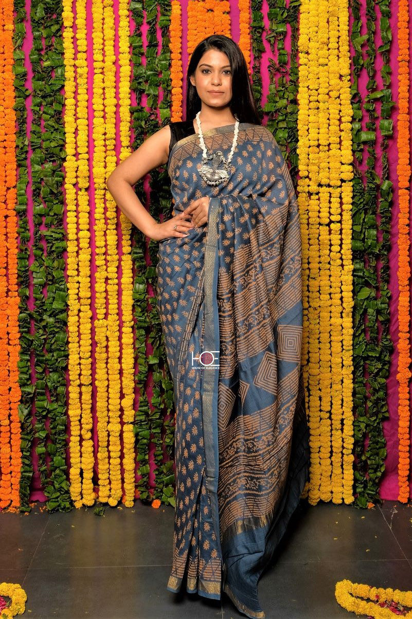 Blue Dabu Print Pure Maheshwari Silk Saree: House Of Elegance