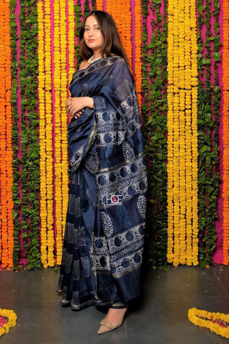 Pure Chanderi Silk Indigo Dabu Print Saree: House Of Elegance