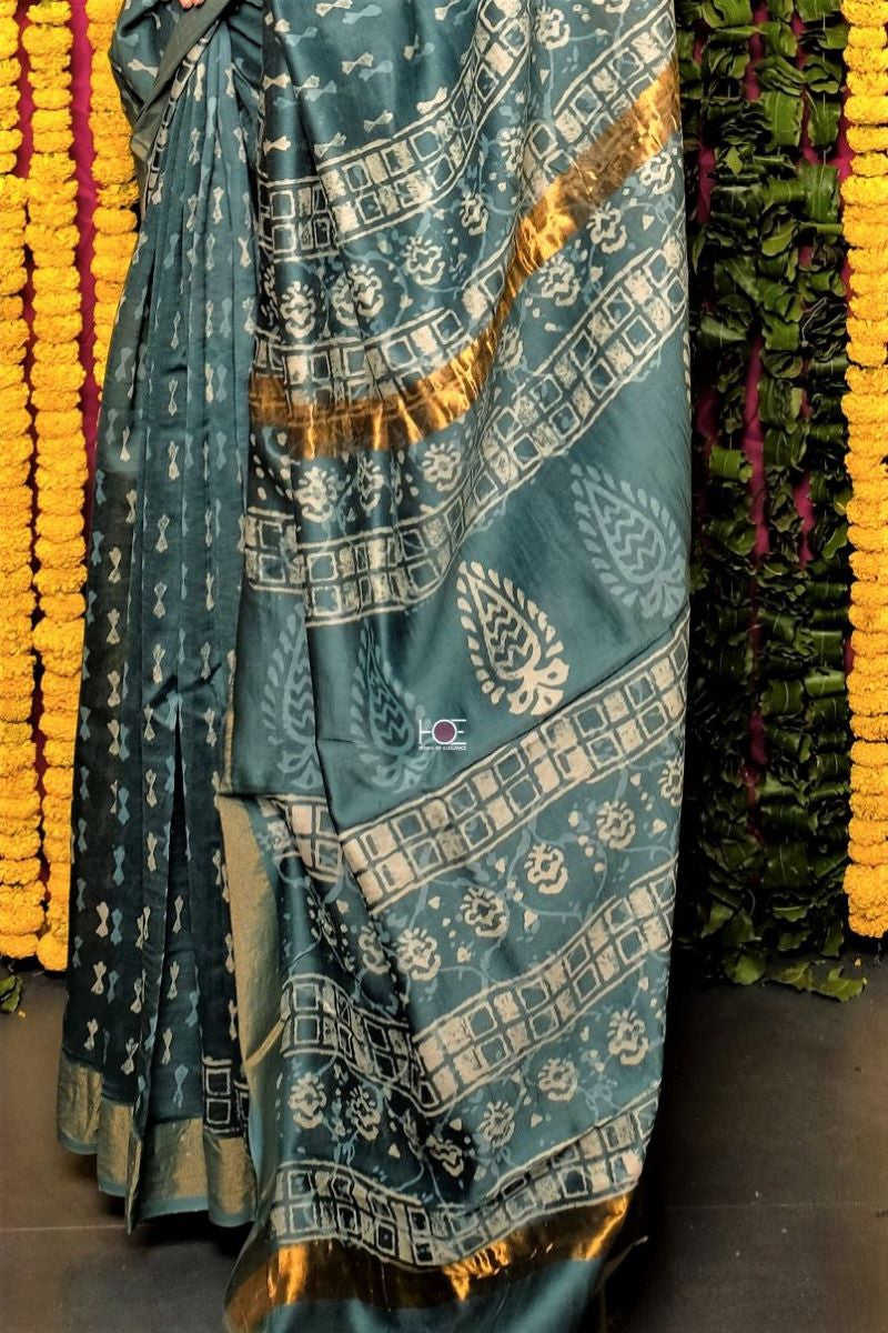 Teal Blue Dabu Print Chanderi Silk Saree: House Of Elegance