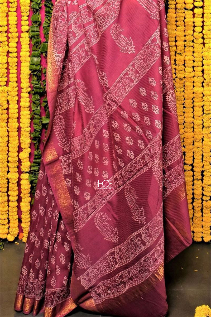 Silk viscose 100% Natural Dabu print saree with zari border