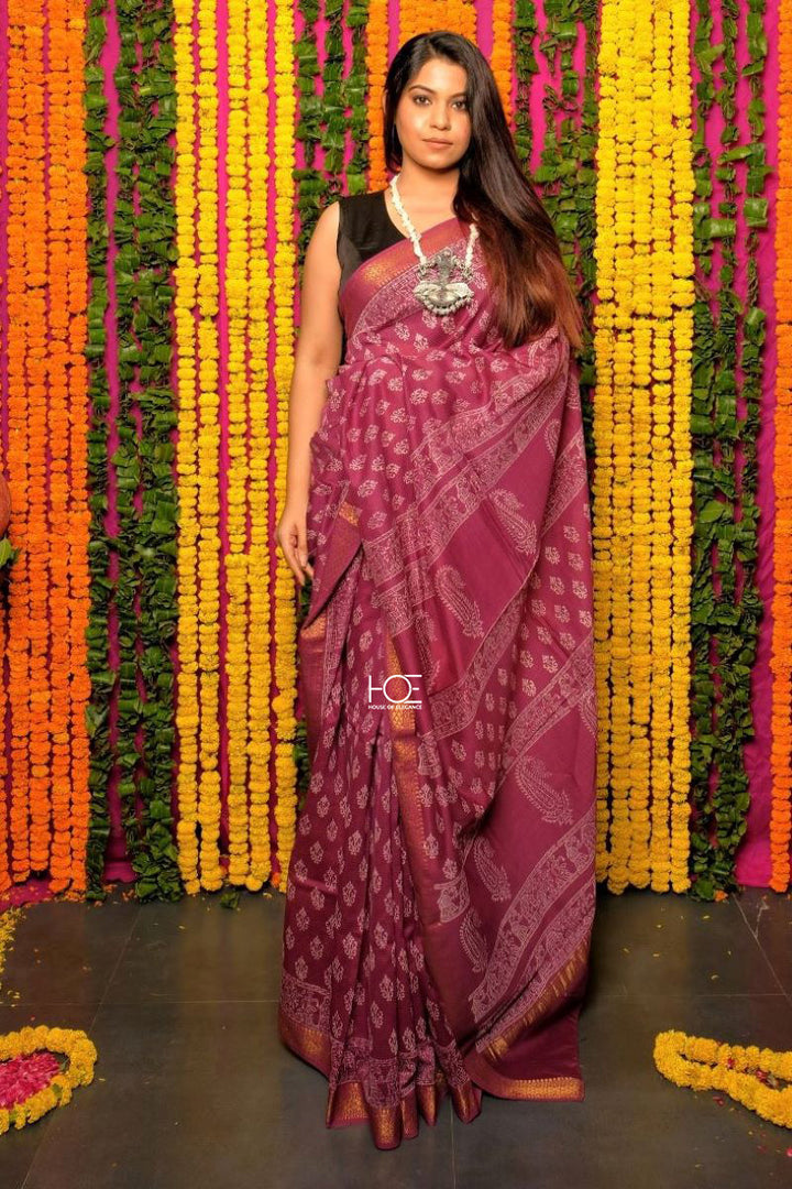 Wine Dabu Print Pure Chanderi Silk Saree: House Of Elegance