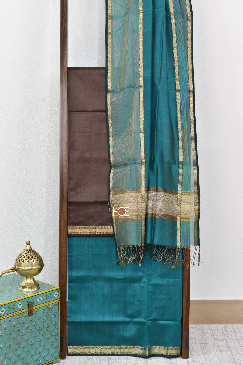 Slate on Pacific Blue / SiCo | Maheshwari Gicha Weaves | 3 Pcs Suit - Handcrafted Home decor and Lifestyle Products