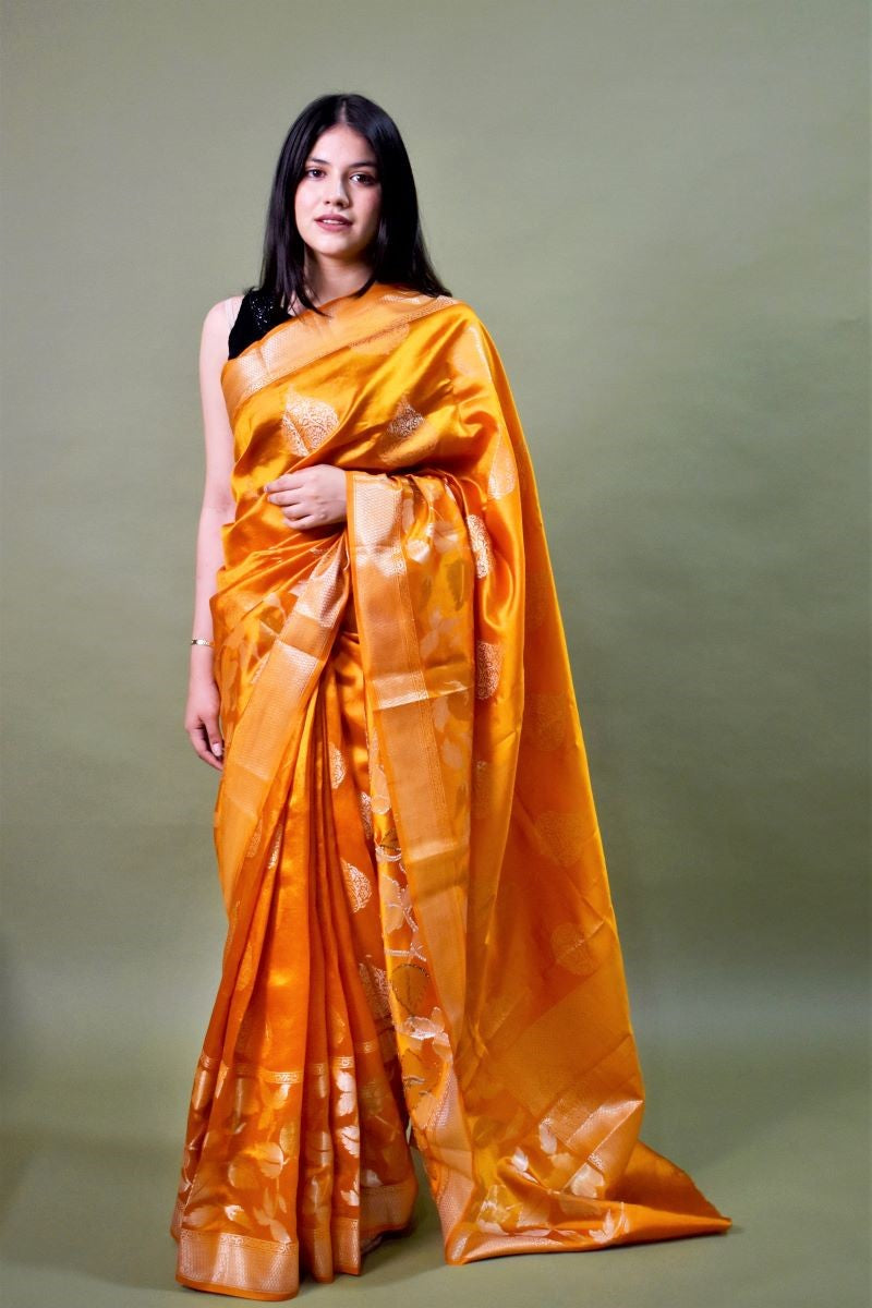 Yellow Handloom Banarasi Chiniya Silk Saree: House Of Elegance