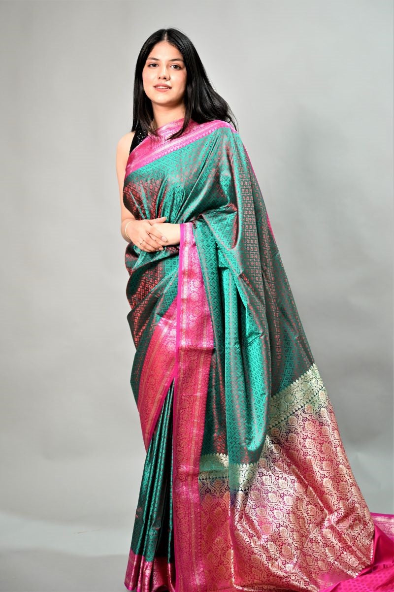 Persian Green Tanchoi Jamawar Silk Saree by House Of Elegance