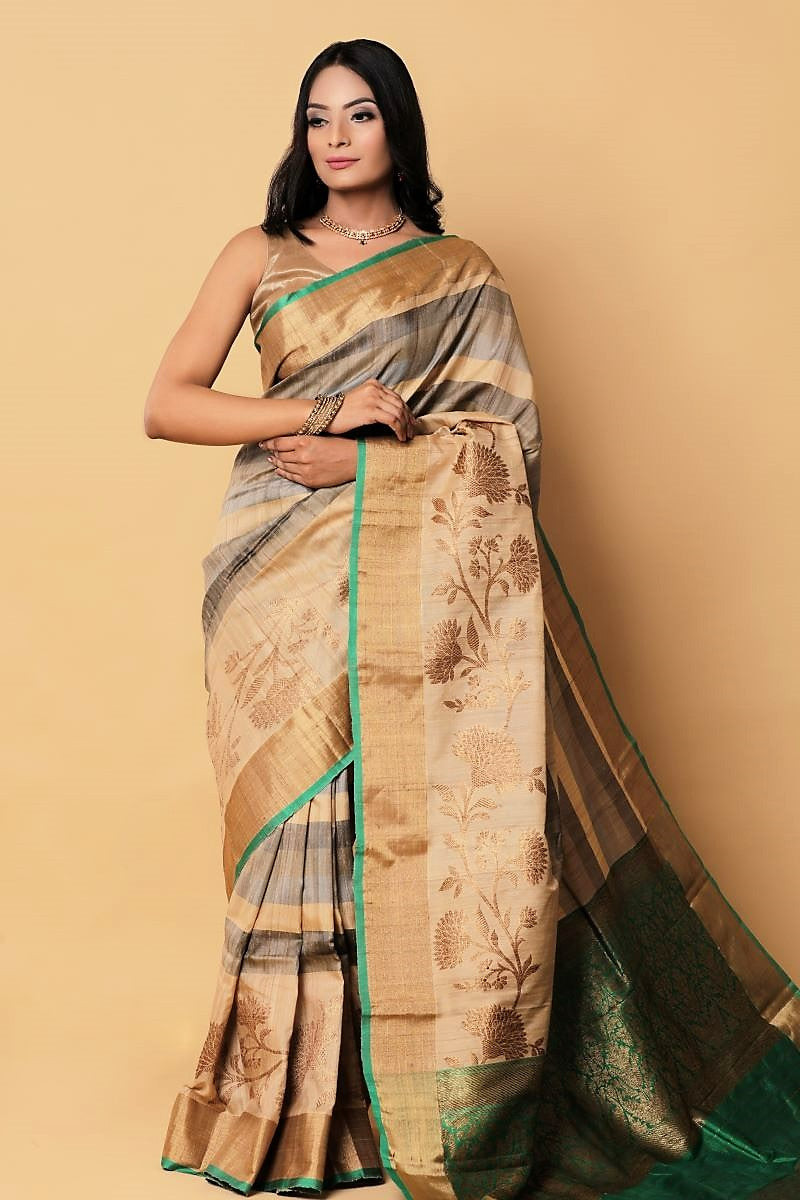 Grey Green Zari Banarasi Tussar Silk Saree: House Of Elegance