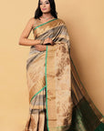 Grey Green Zari Banarasi Tussar Silk Saree: House Of Elegance