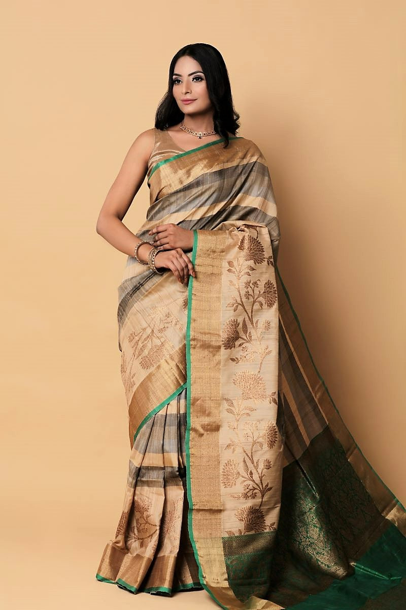 Grey Green Zari Banarasi Tussar Silk Saree: House Of Elegance