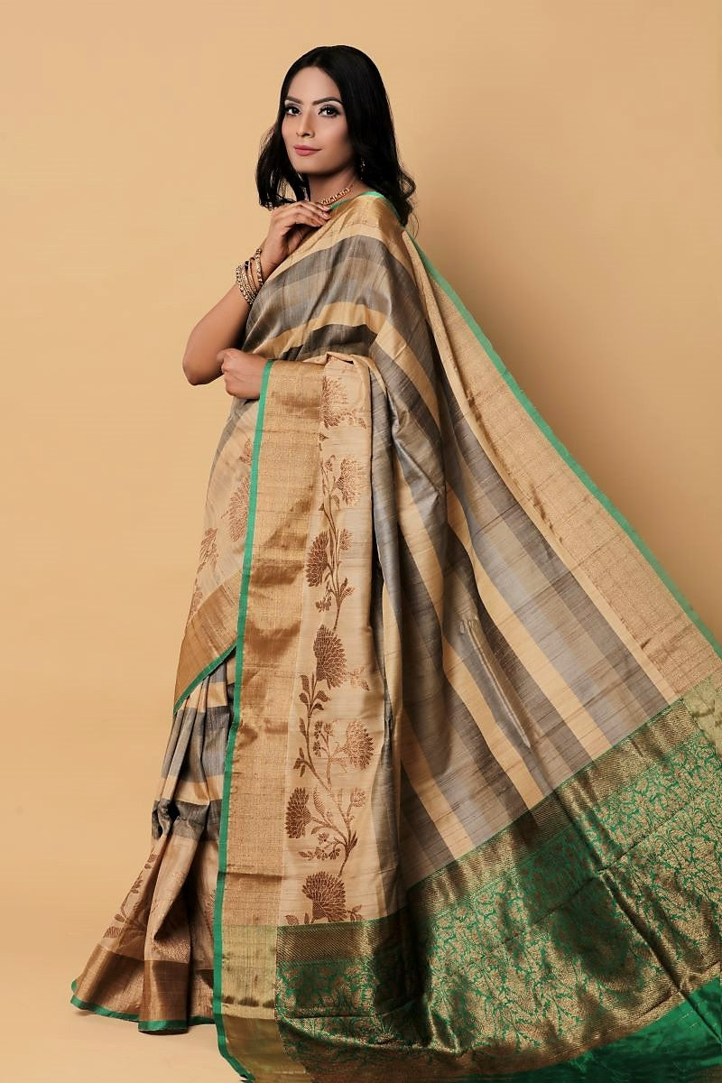 Grey Green Zari Banarasi Tussar Silk Saree: House Of Elegance