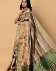 Grey Green Zari Banarasi Tussar Silk Saree: House Of Elegance